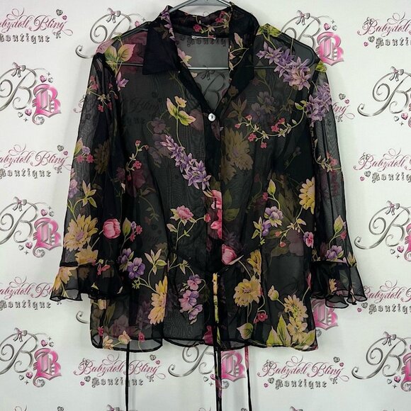 Blouse button up sheer flowers stunning vintage ties Floral Sheer Black Blouse - Picture 1 of 6